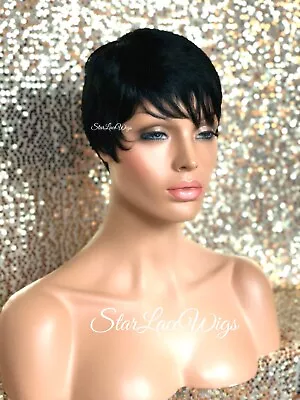 Short Straight Feathered Pixie Full Wig With Bangs #1b Off Black Heat Resistant • $43.35