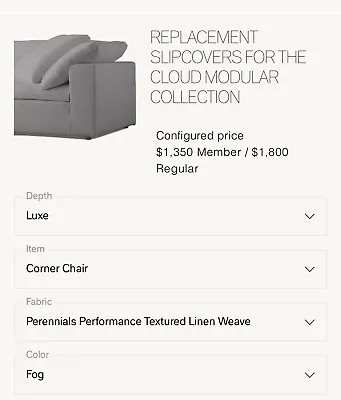 RH Cloud Corner Chair Luxe FOG SLIPCOVER Perennials Performance Textured Linen • $550