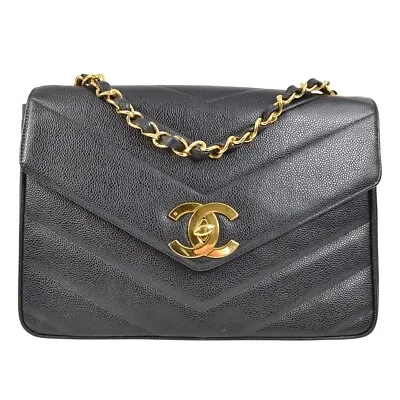 Chanel Black Caviar V Stitches Classic Flap Jumbo Shoulder Bag 131000 • £4765.03