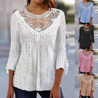 Autumn Round Neck 3/4 Sleeve Casual Lace Sleeve Solid Pullover T-shirts Blouses • $20.19