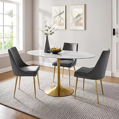 Modway Lippa 60  Oval Artificial Marble Dining Table In Gold White • $1014.68