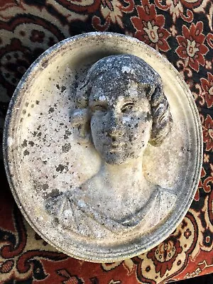 Vintage Heavy Weathered Stone Outdoor 3/4 Bust Face Of Lady Roundel  • £40