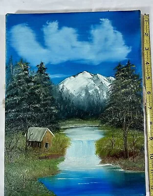 Original Acrylic On Canvas Cabin River Snow Mountain Landscape Signed 10X12 • $19.99