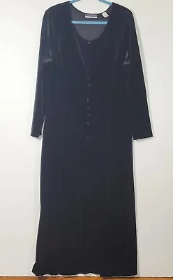 $40 • Buy Amanda Smith Black Velvet Long Sleeve Maxi Dress Size 16 Round Neck Front Slit 