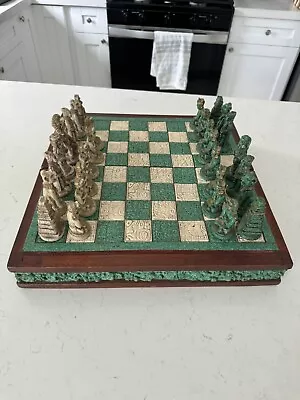 Vintage 50 Year Old Mexican Chess Game Set AZTEC  Carved Green/White (READ) • $75