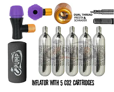 Bike CO2 Pump Cycle Tyre Tube Dual Inflator Presta Schrader 5x16g Gas Cylinders • £18.99