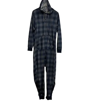 Men’s Adult Blue & Gray Hooded Union Suit One Piece Pajamas Footless Size Small • $19.99