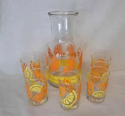 Vintage Anchor Hocking Orange Juice Carafe Pitcher And 5 Juice Glasses • $29.99