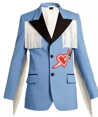 Men Bespoke Blue Cotton Embroidered Fringed Blazer Blue Blazer Outfit Party Wear • $550.79