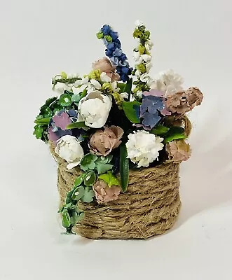 Dollhouse Miniature Flower Arrangement In Basket Handmade 1:12 • $29