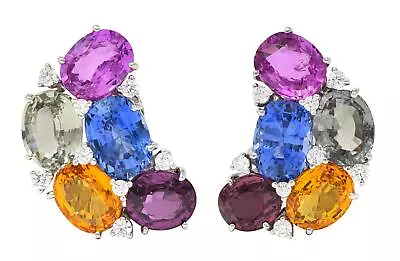 Verdura 40.02 CTW Multi-Color Blue Sapphire Diamond Platinum Vintage Earrings • $39000