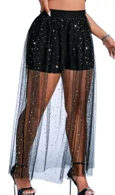 NWT SHEIN PLUS Sz 1X (14) SEXY BLACK MESHED SEQUIN OVERLAY SKIRT WITH SHORTS  • £9.73