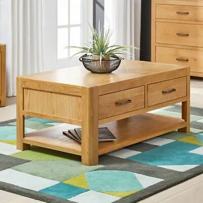 Soho Oak Curved Coffee Table With 2 Drawers - Large Low Shelf Side Living - SC28 • £329