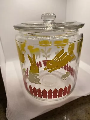 Vintage 1950s Anchor Hocking GLASS COOKIE Jar Lid Yellow Red Tulips Lamb Bunnies • $34