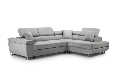 Pull Out Sofa Bed In Black Leather And Grey Fabric-Storage Sofabed-Darnall Anton • £349