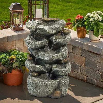 IN/Outdoor Water Feature Rock Stone Garden Fountain Sphere With LED Lights Decor • £59.99