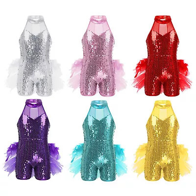 Kids Girls Jazz Latin Shiny Sequins Ballet Dance Wear Costume Leotards Jumpsuit • £8.73