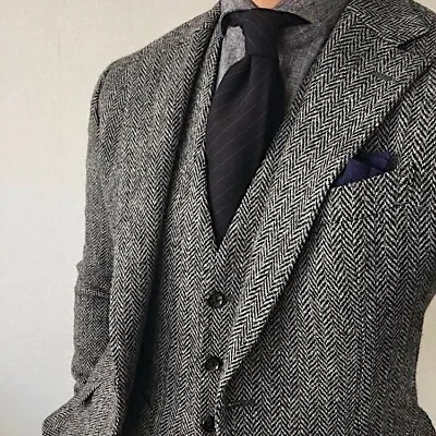 Gray Men Suit Wool Herringbone Tweed Check Prom Party Groom Tuxedo Wedding Suits • $99.43