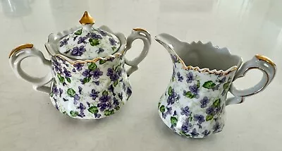 Vintage LEFTON China Purple Pansy Chintz Creamer And Sugar Bowl With Lid EUC • $26.99