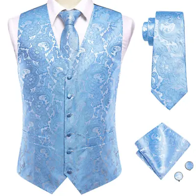 Silk Mens Wedding Vest Tie Set Sleeveless Western Waistcoat Jacket Cufflinks • $38.95