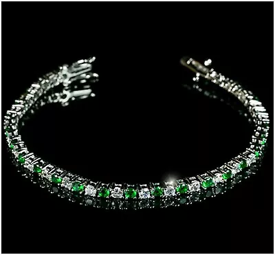 Vintage 7 Ct Lab Created Emerald & Diamond 7  Tennis Bracelet 14k White Gold Fn • $108.87