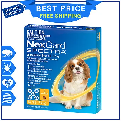 NEXGARD SPECTRA For Dog 3.6 To 7.5 Kg YELLOW 3 Chews Flea Tick Heartworm Control • $63.99