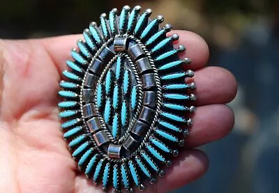Large Vintage Zuni Cluster Needle Point Blue Turquoise Stone Sterling Pendant • $359.99