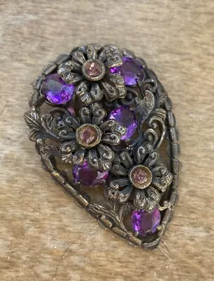 Antique Czech Glass Gold Tone Purple And Topaz Dress Clip • $25