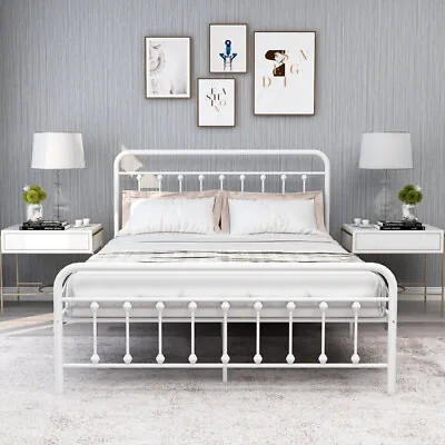White Metal Platform Bed Heavy Duty Steel Slat Support Easy Assembly / Queen • $165.26
