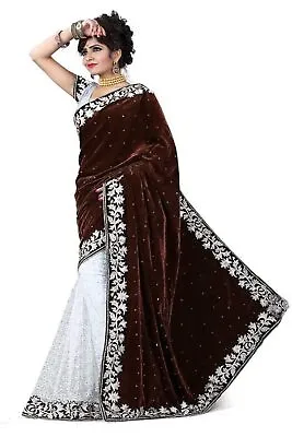 Women's Velvet & Rasal Net Half & Half Saree With Unstitched Blouse Piece Brown • £25.19