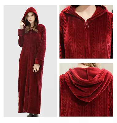 Womens Hooded Soft Dressing Gown Bath Robe Flannel Fleece Zip Warm Long Robes UK • £20.86