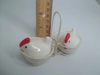 Vintage Chickens Salt And Pepper Shakers In Wire Holder Granny Core • $6.43