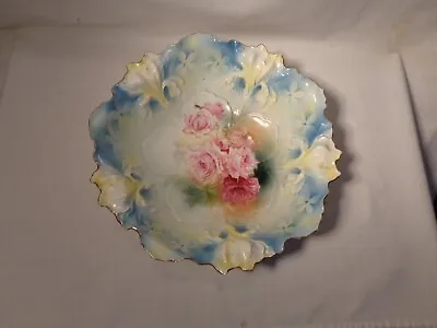 R S Prussia Porcelain Iris Mold 25 Red Pink White Roses Gold 10 1/2  Salad Bowl • $49.95