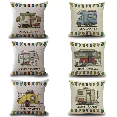 Linen Printed Happy Campers Cushion Cover 450x450mm Select Design • $19.95