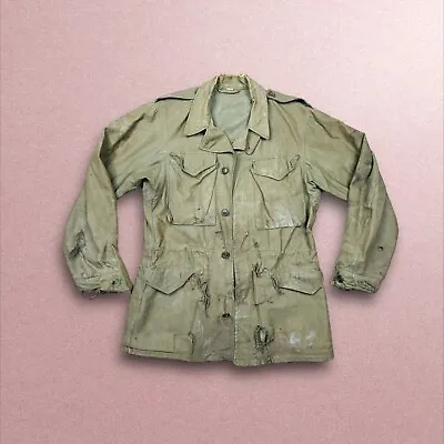 WWII M-1943 M-43 OD Green Field Jacket Sz 34L - Combat Worn & Heavily Distressed • $83.93