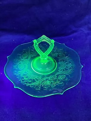 Vintage Lancaster Depression Uranium Green Glass Dessert Serving Plate W/Handle • $34.95