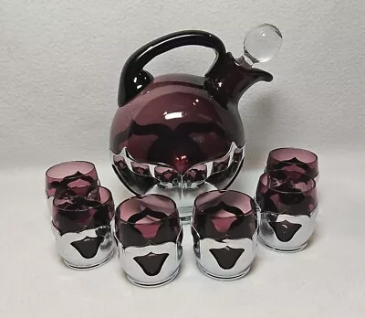 Farber Bros Krome Kraft ~ Cambridge Amethyst Glass Decanter Cordial Set ~ 6 Cups • $52.50