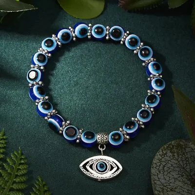 Turkish Hamsa 8mm Beaded Protection Lucky Bracelet Blue Evil Eye Bangle Jewelry • $2.37