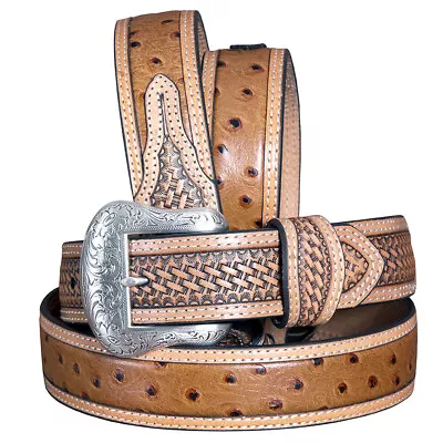 75MF Nocona Leather Mens Belt Basketweave Tooled 1-1/2 In Wide Ostrich Brown • $52