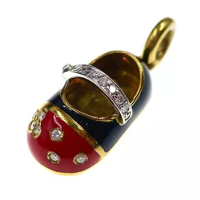 Aaron Basha 18k Yellow Gold Diamond Baby Shoe Pendant - With Enamel • $1296.75