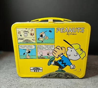 Vintage Peanuts Yellow Metal Lunchbox Yellow Handle Comes With Metal Thermos • $85