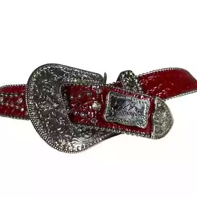 Montana West Red Leather Western Belt Silver Buckle Rhinestones Bling 38 Inches • $29.99