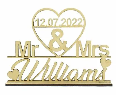 Oak Personalised Mr & Mrs Wedding Sign On Stand Heart With Date Mr And Mrs Gift • £9.99