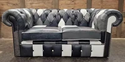 Chesterfield Lowback 2 Seater / Patchwork Black & Grey Leathers • £1195