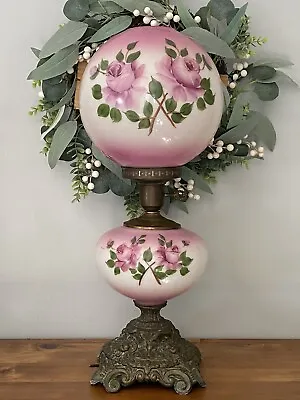 Antique GWTW Electrified Parlor Oil Lamp Pink Roses 24  (No Power Cord) • $149.95