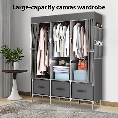 New Canvas Wardrobe Clothes Closet Cupboard + 3 Storage Drawers & Hanging Rail • £31.99