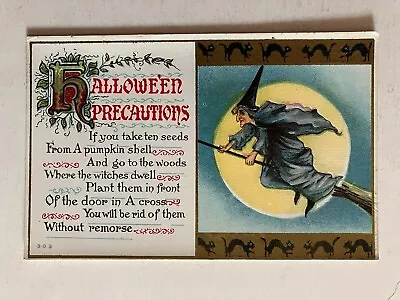 Postcard Halloween Precautions Witch On Broom Moonlight Black Cats #383 • $39.50