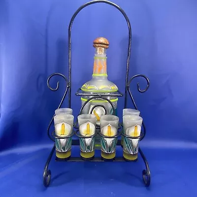 VINTAGE Mexican TEQUILA DECANTER & (6) Calla Lily Shot Glass Set Metal Rack • $30