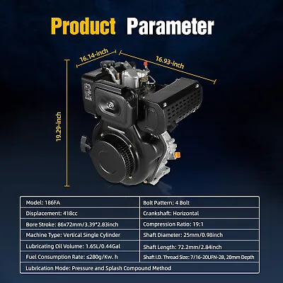 4-Stroke 406CC 186F Tiller Diesel Engine 10HP Single Cylinder Motor Air Cooling • $449.10