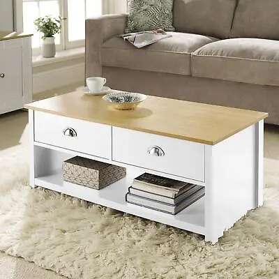 Coffee Table 2 Drawer Oak White Occasional Table D Cup Metal Handles Furniture • £55.99